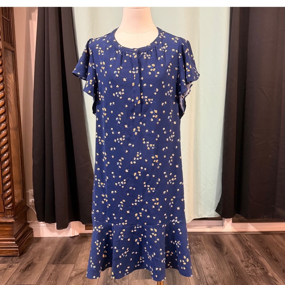 Tommy Hilfiger Floral Flutter Sleeve Ruffle Hem Shift Dress Navy Blue M Preppy - Picture 2 of 16